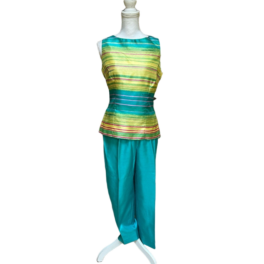 Dressbarn Aquamarine Women’s Sz 10 Two Piece Striped Tank Top and Teal Pants Set
